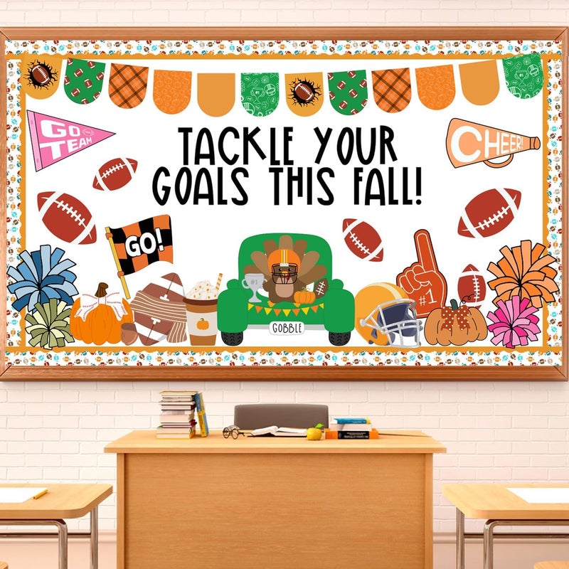 Joffetii 81Pcs Fall Football Bulletin Board Decorations Set Sports Themed Classroom Decor Kit Back to School Thanksgiving Autumn Pumpkin Cutouts Sport Border Trim Decor for Office Home Chalkboard Wall Door - Image 1